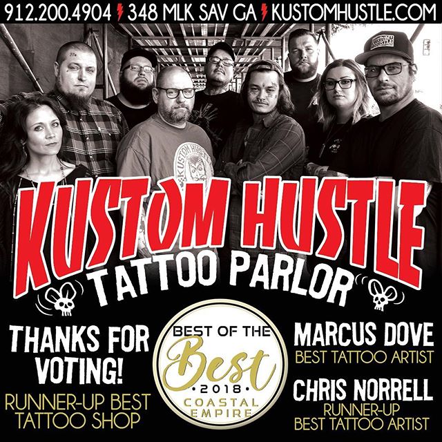 A HUGE THANK YOU to everyone who voted for us in the Coastal Empire Best of the Best poll. The shop took runner up best tattoo shop. Marcus Dove was voted best tattoo artist, with Chris Norrell coming in right behind him